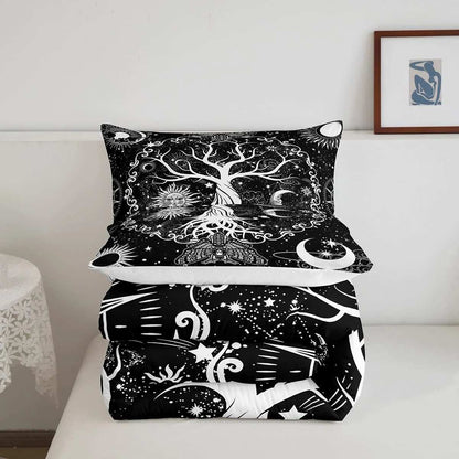 Sun and Moon Comforter Set Full, Tree of Life Bedding Sets 3Pcs Gothic Moth Duvet Sets Sugar Skull Quilt Trippy Glitter Stars Duvet Insert, Bohemian Constellations Bedroom Decor All-Season