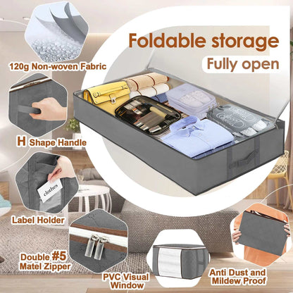 2 Pcs 80L + 2 Pcs 67L Large Underbed Storage Bags Organizer Container with Clear Window, Large Capacity Visible Underbed Storage Organizers for Comforters, Gray