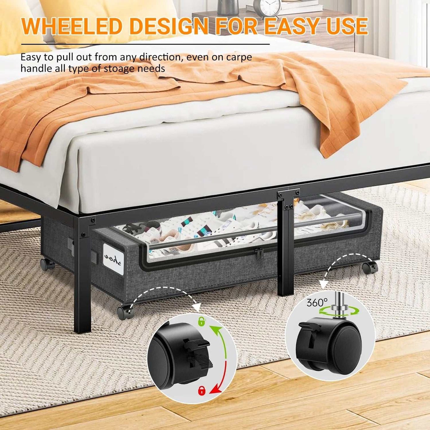under Bed Storage with Wheels:2 Pack under the Bed Storage Bins, Collapsible under Bed Storage Bags for Clothes, Sheets,Shoes,Linen-Like Grey