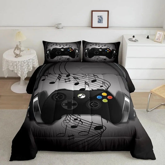 Gamer comforter set with black and gray design featuring a game controller and musical notes on the comforter and matching pillowcases