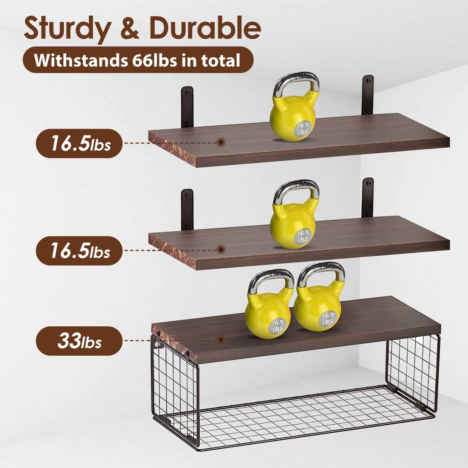 Sturdy brown wooden floating shelves with iron storage basket holding kettlebells, showing weight capacity details