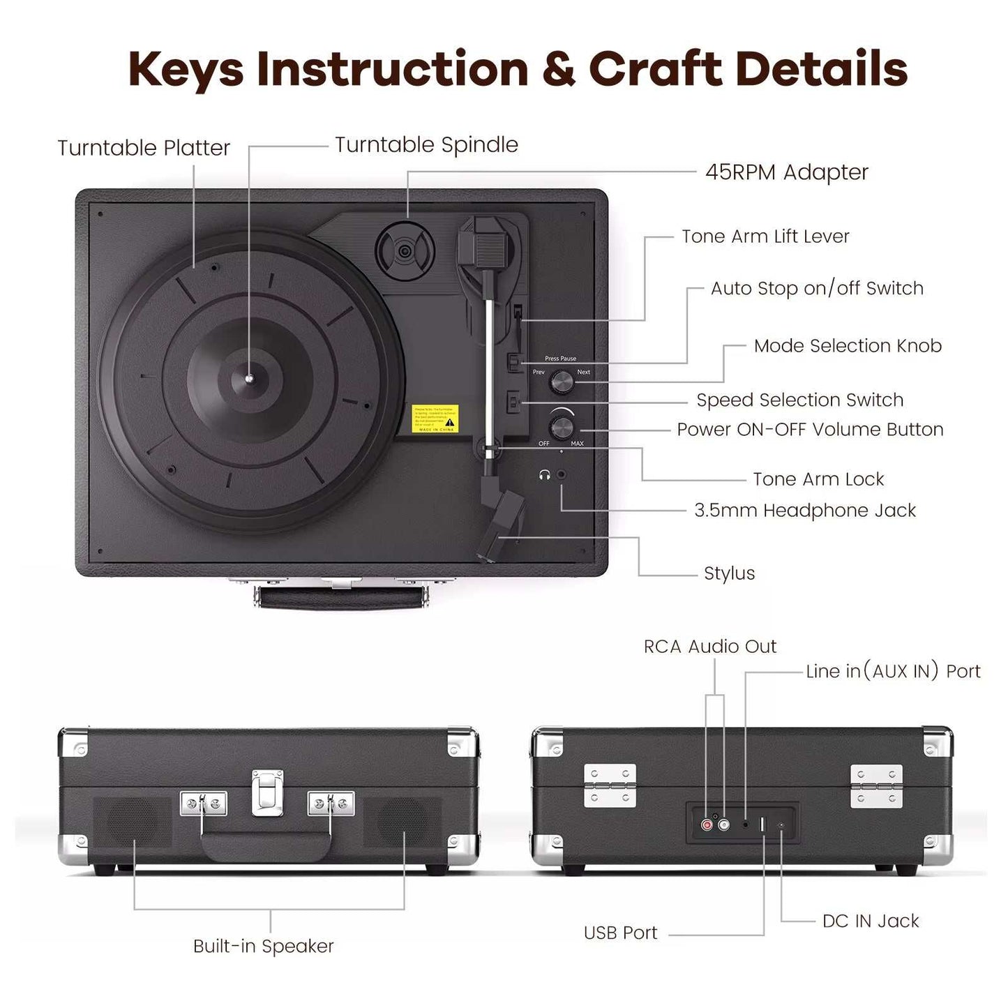 Vintage Gramophone Turntable 3-speed suitcase record player with built-in speakers, Bluetooth, RCA output, and headphone jack.