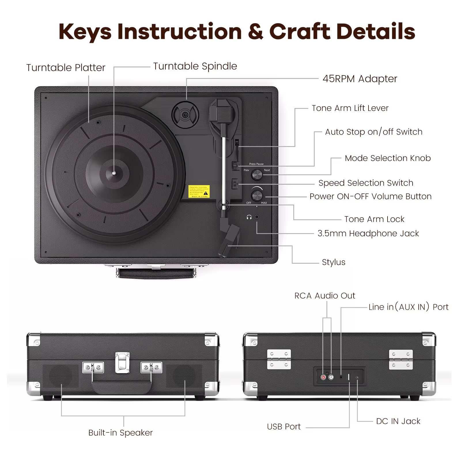 Vintage Gramophone Turntable 3-speed suitcase record player with built-in speakers, Bluetooth, RCA output, and headphone jack.