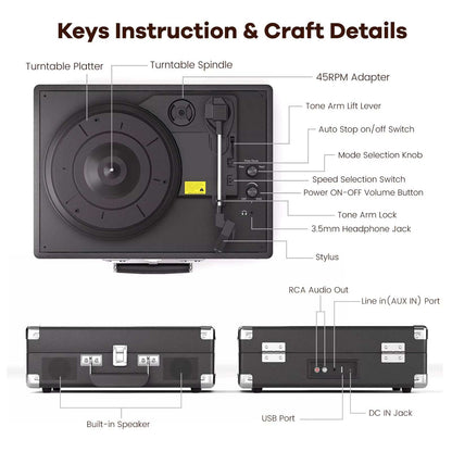 Vintage Gramophone Turntable 3-speed suitcase record player with built-in speakers, Bluetooth, RCA output, and headphone jack.