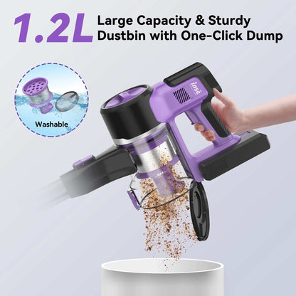S10 Cordless Vacuum cleaner with 1.2L dustbin and one-click dump in purple and black design