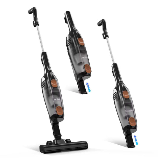 Black lightweight 2-in-1 corded stick vacuum cleaner with HEPA filters and 15Kpa suction power for home and car cleaning