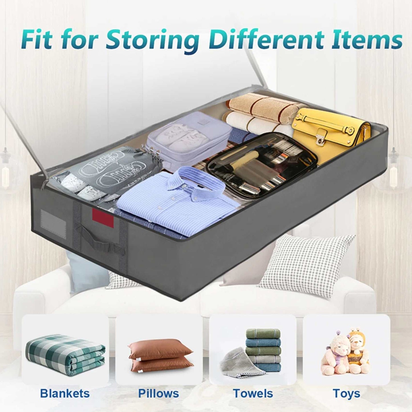 2 Pcs 80L + 2 Pcs 67L Large Underbed Storage Bags Organizer Container with Clear Window, Large Capacity Visible Underbed Storage Organizers for Comforters, Gray