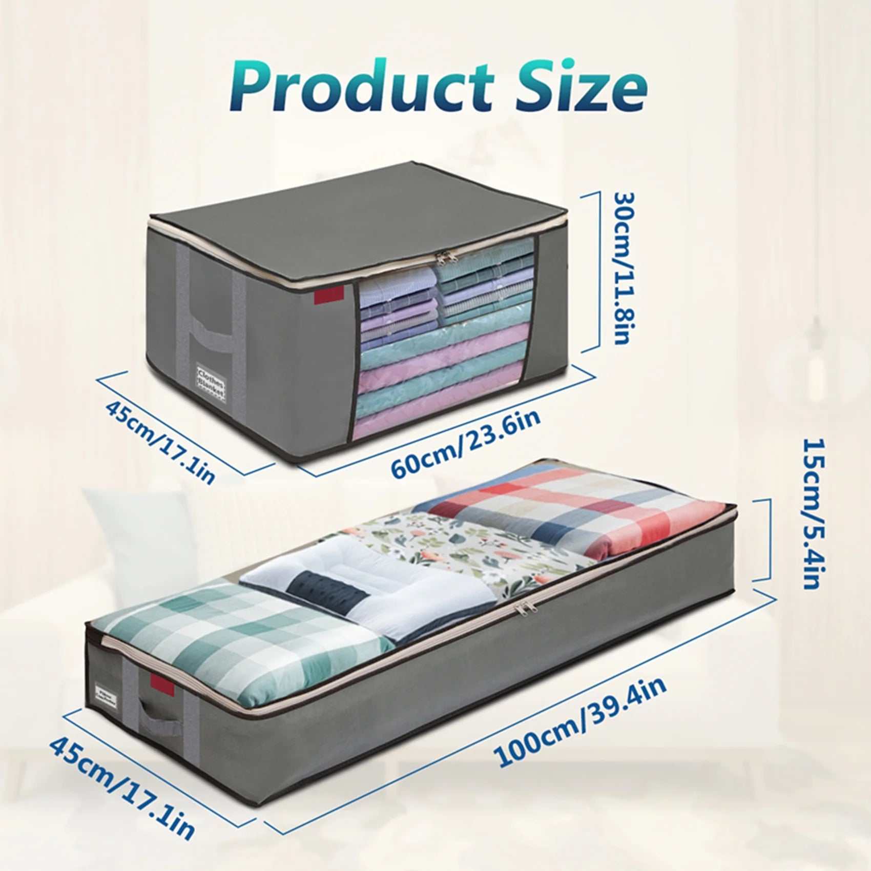 2 Pcs 80L + 2 Pcs 67L Large Underbed Storage Bags Organizer Container with Clear Window, Large Capacity Visible Underbed Storage Organizers for Comforters, Gray