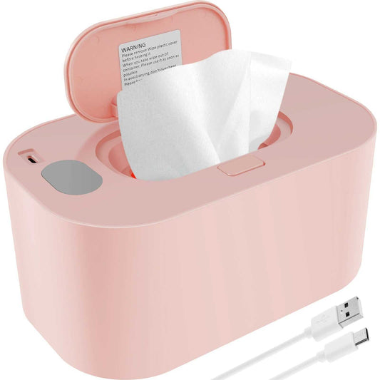 Portable pink USB baby wipe warmer with adjustable temperature and LED light, including a USB cable for power.