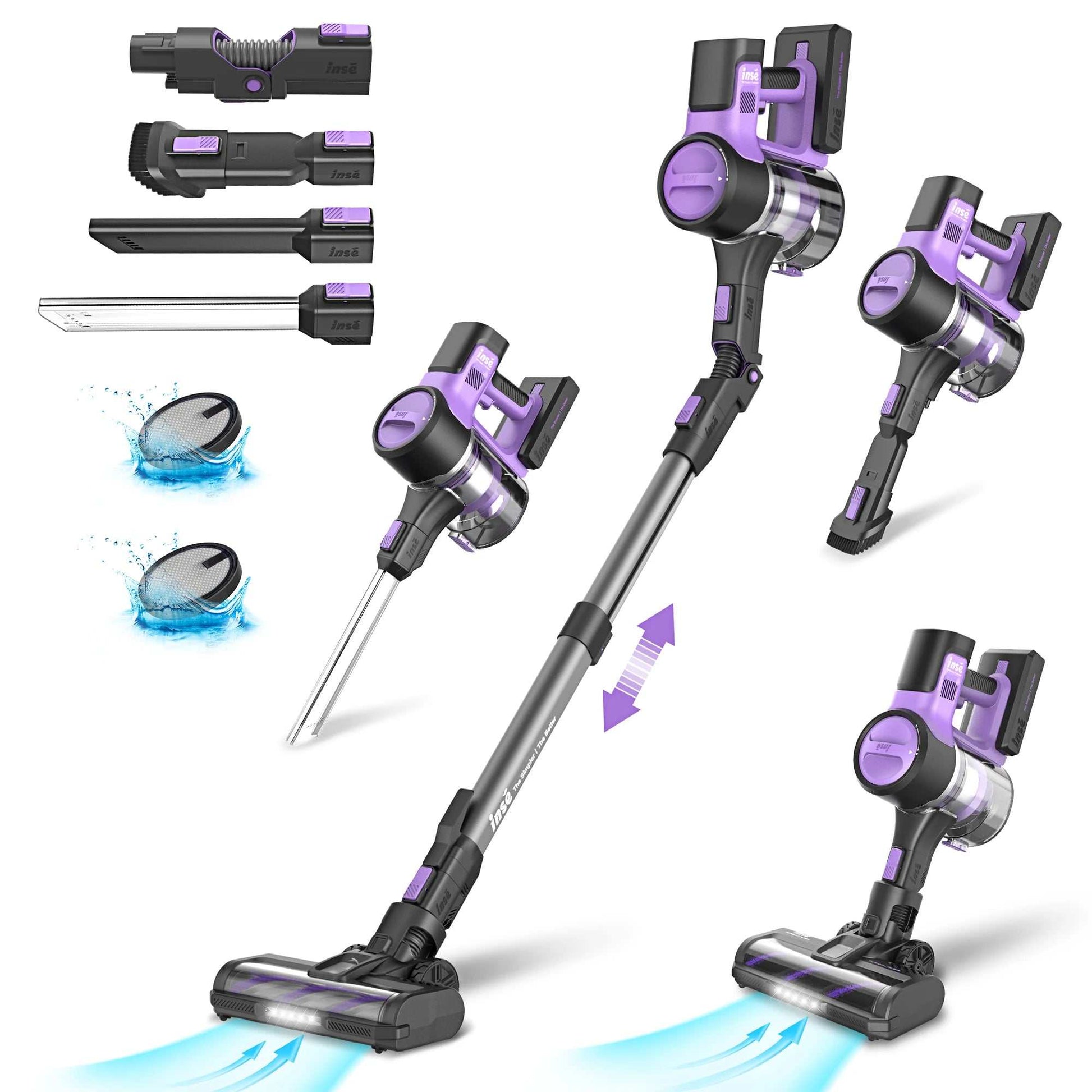 S10 Cordless Vacuum 6-in-1 stick vacuum with 30Kpa powerful suction, detachable battery, LED crevice tool, and multiple attachments for versatile home cleaning