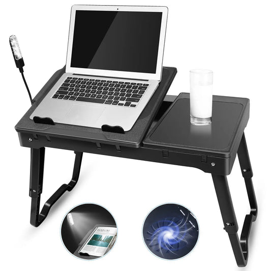 1Pc Foldable Laptop Table Bed Notebook Desk with Cooling Fan Mouse Board LED Light 4 USB Ports Breakfast Snacking Tray with Storage Groove for Home Office Use