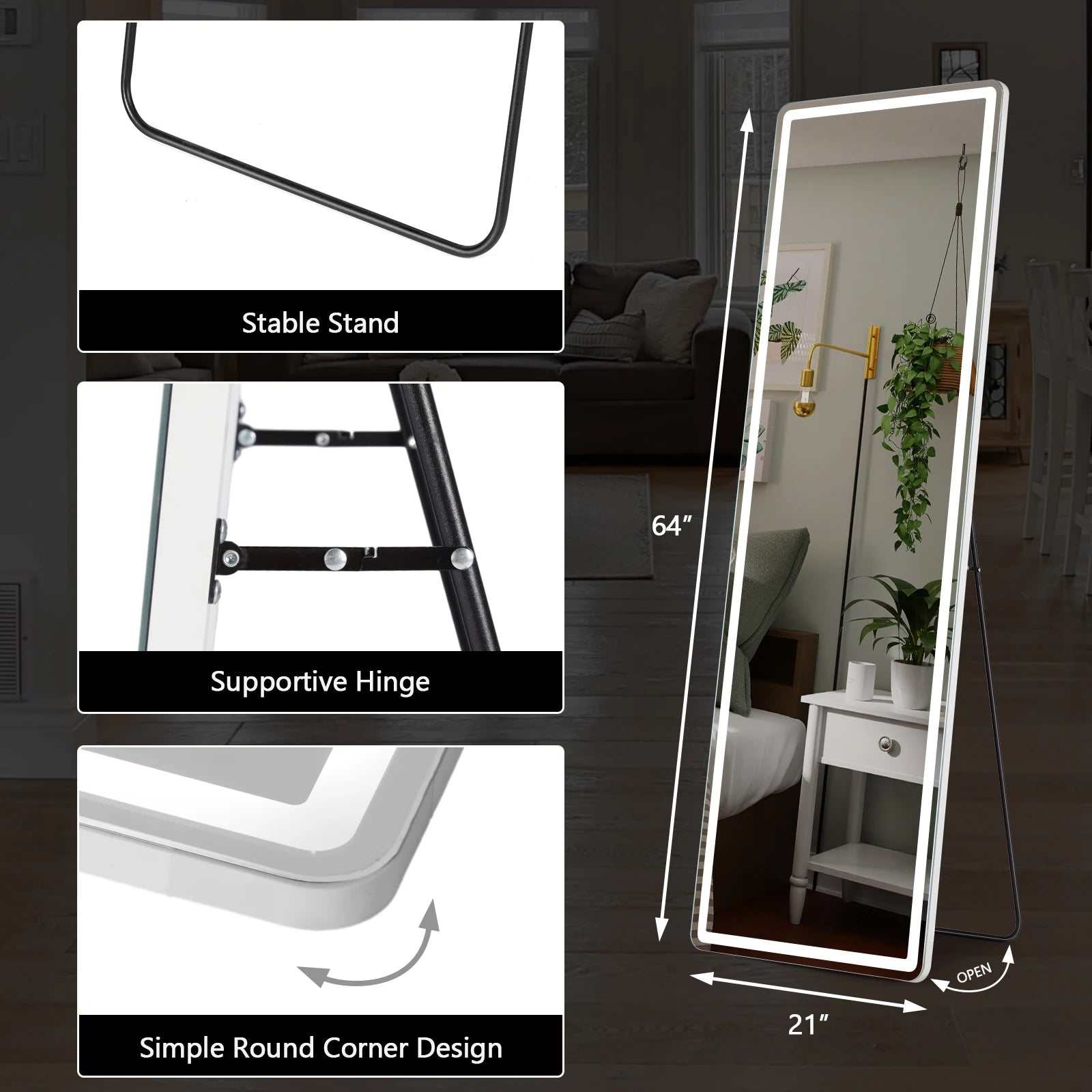 LED 64 X 21 Full Length Mirror with aluminum alloy frame, stable stand, supportive hinge, and simple round corner design, suitable for wall mount and standing use.