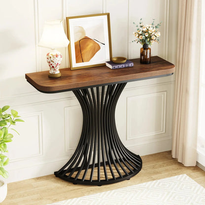 Console Table, Industrial Entryway Table with Geometric Metal Base, 39-Inch Small Sofa Accent Table for Entrance