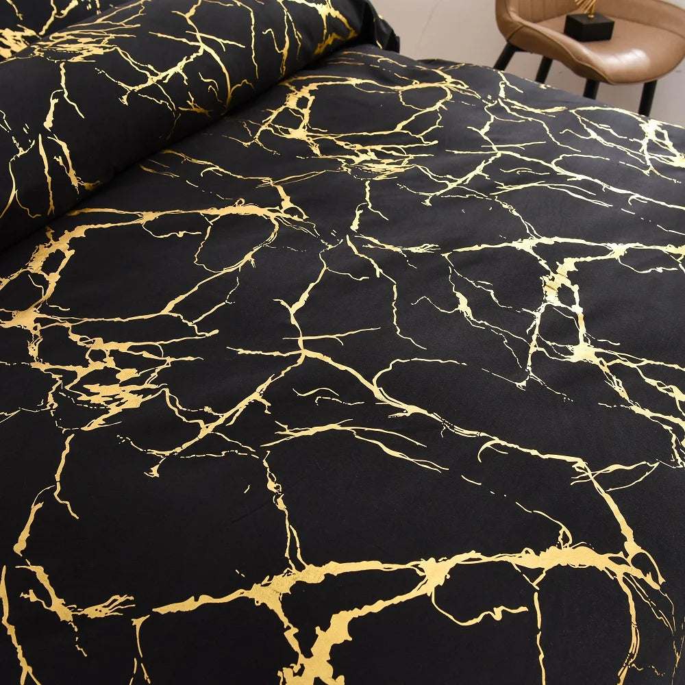 Satin Bedding Set Black Satin Duvet Cover Set 3 Pcs Black Gold Metallic Marble Pattern Luxurious Bedding Set King Size