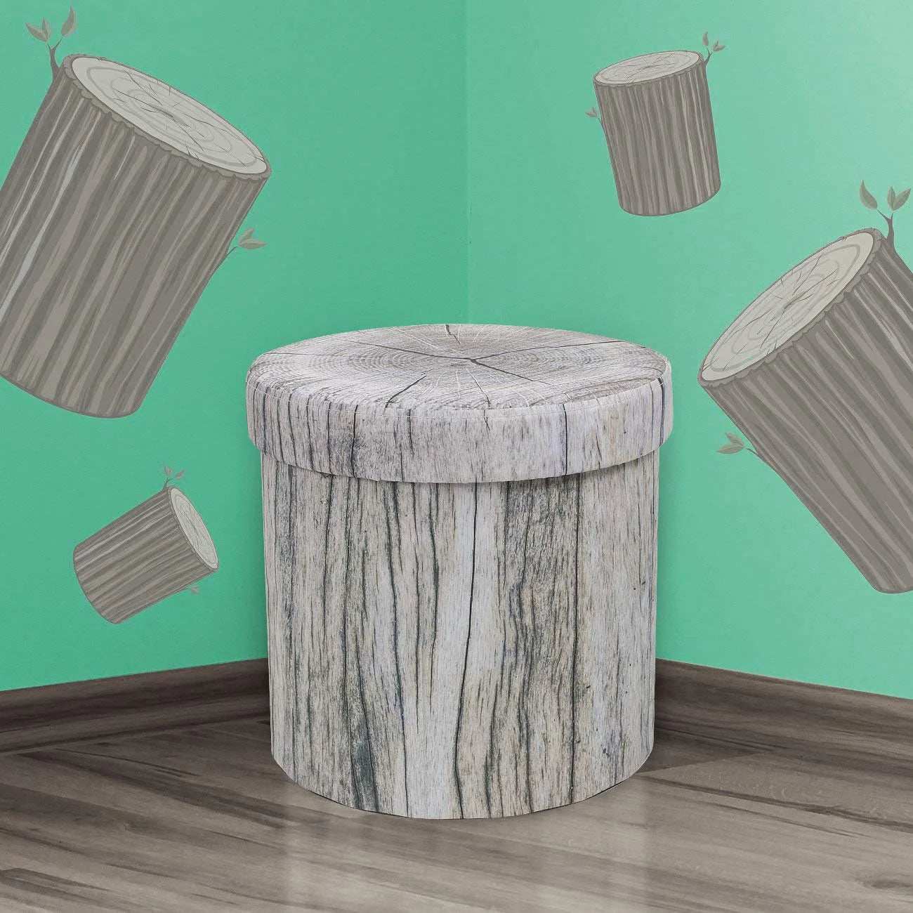 Foldable Storage Ottoman with Lid – Collapsible Footstool, Toy Box, Storage Chest, Hassock – Tree Stump Design (Grey)