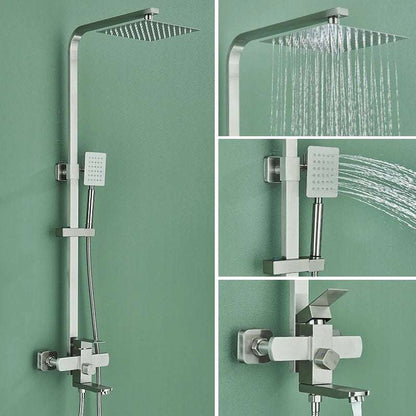 Gold brushed shower system with rain shower head, handheld spray, and swivel spout faucet for bathroom and bathtub