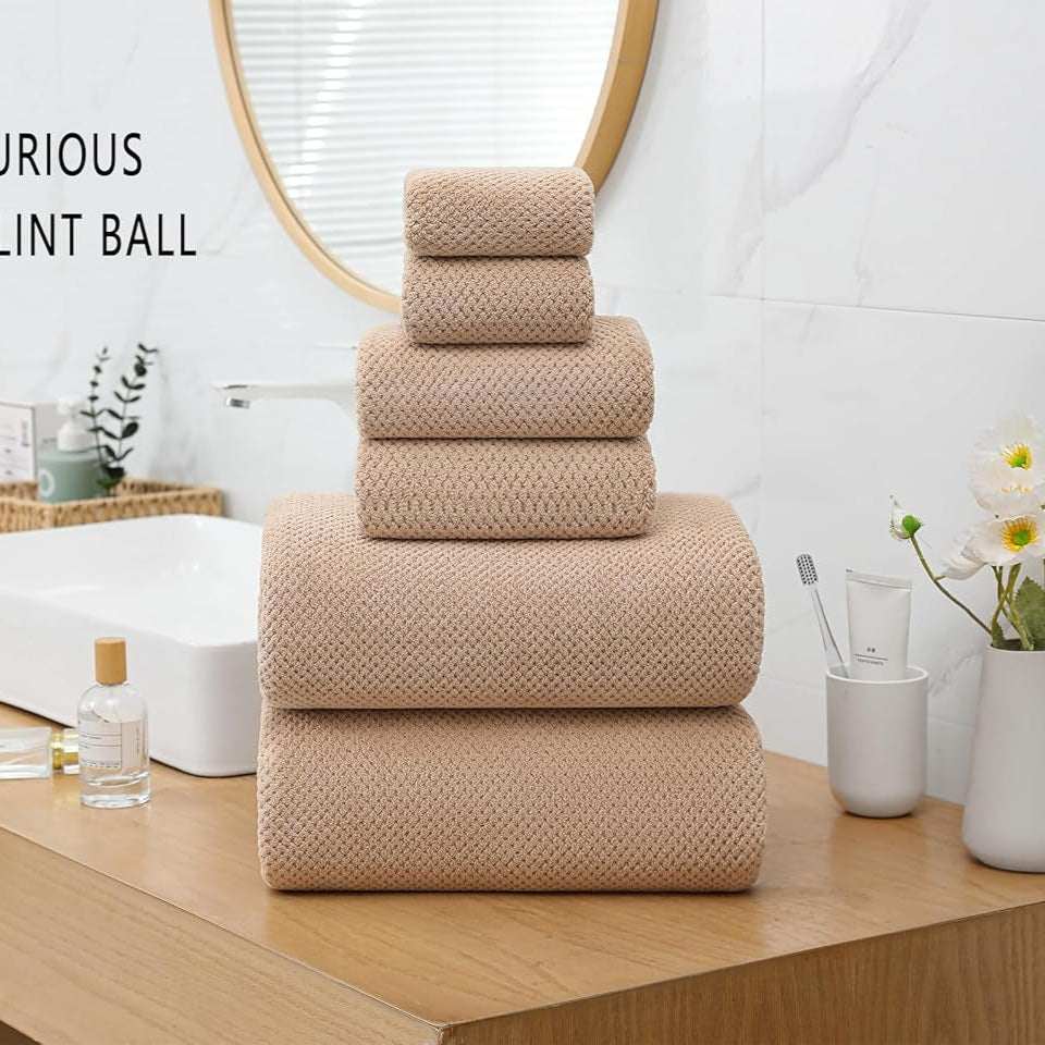 29X59 Inch Bath Towels Set of 6 Large, Super Soft Absorbent Lint Free Microfiber Towels for Bathroom 80% Polyester (Beige,6 Piece)