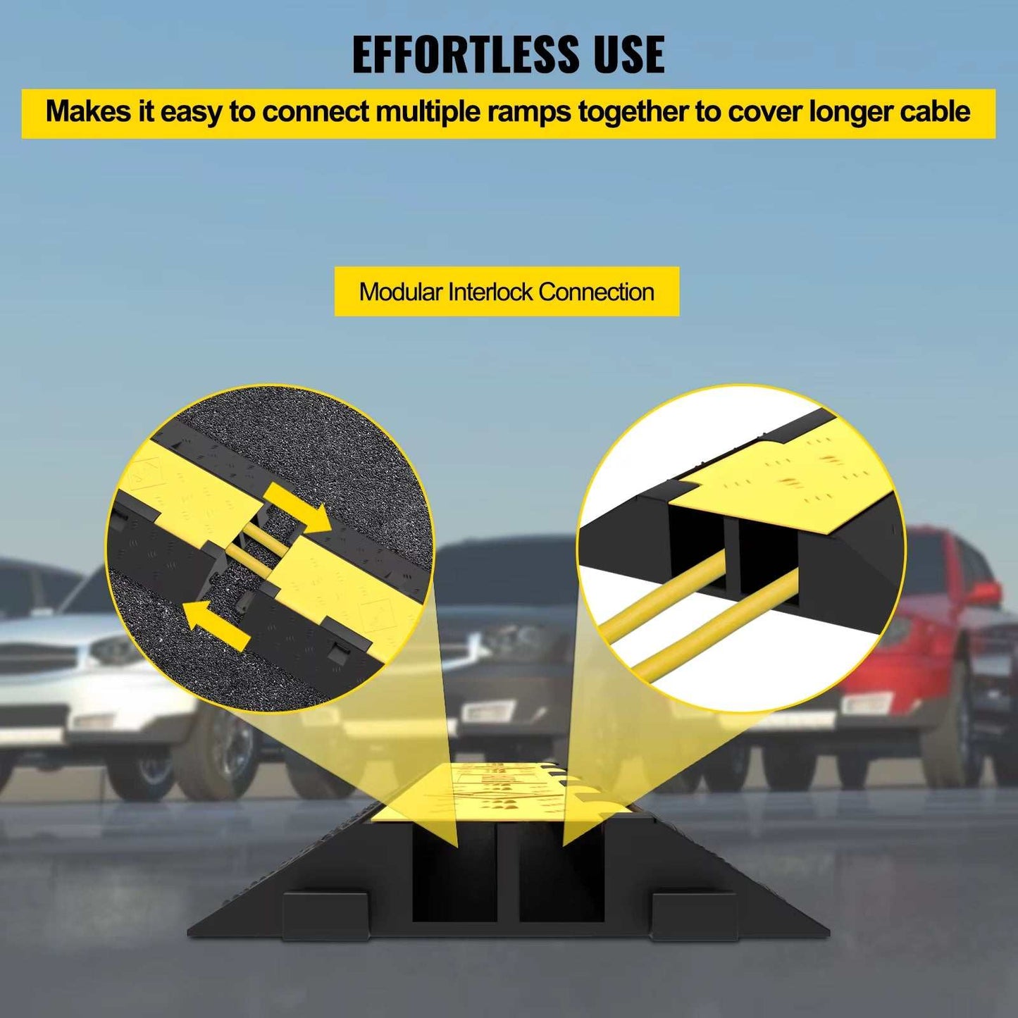 Modular interlocking cable protector ramp with two channels for secure wire coverage and traffic safety