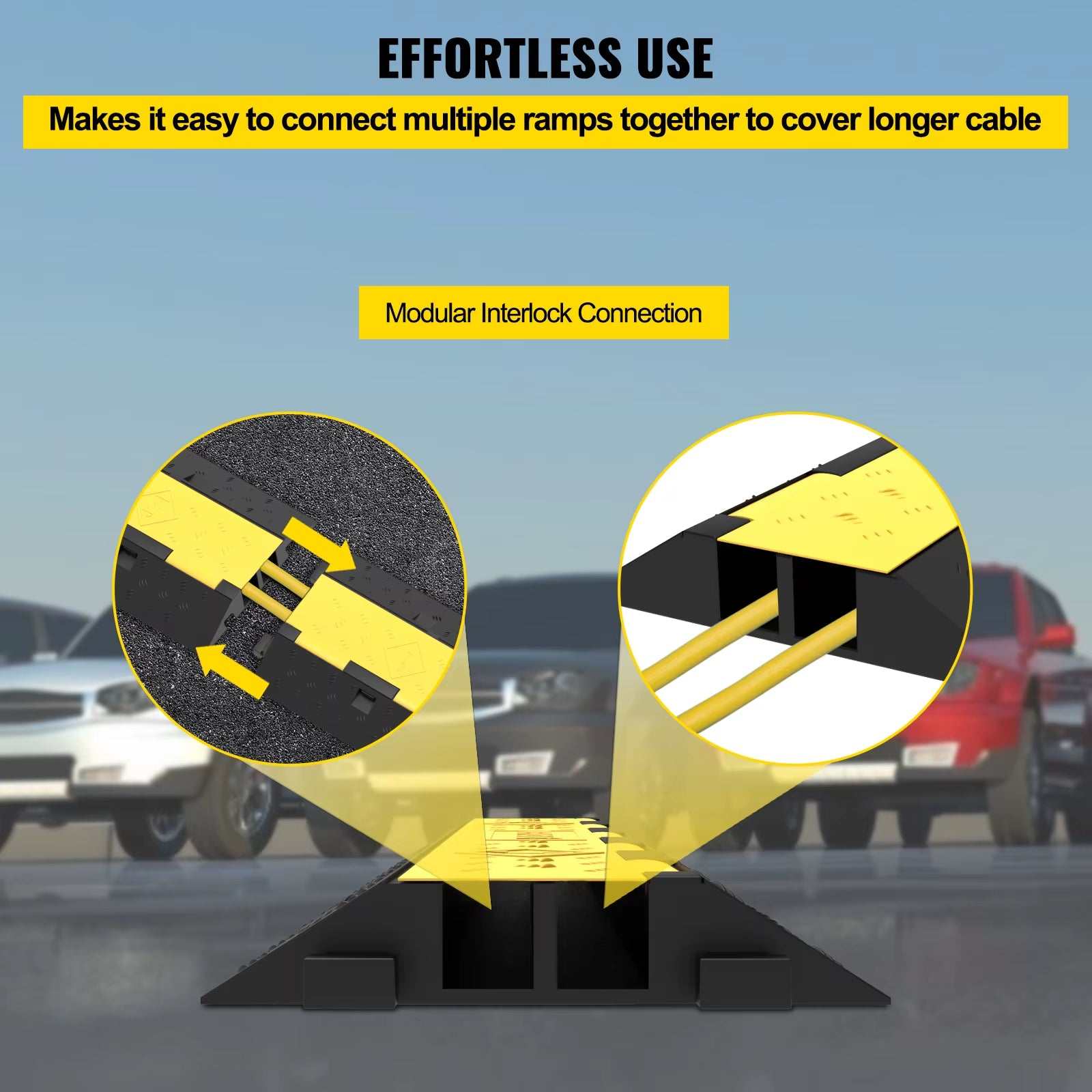 Modular interlocking cable protector ramp with two channels for secure wire coverage and traffic safety