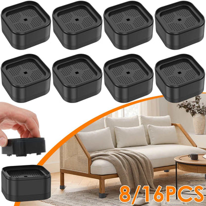 Set of black plastic furniture risers for bed, chair, and table height adjustment with non-slip floor protection.