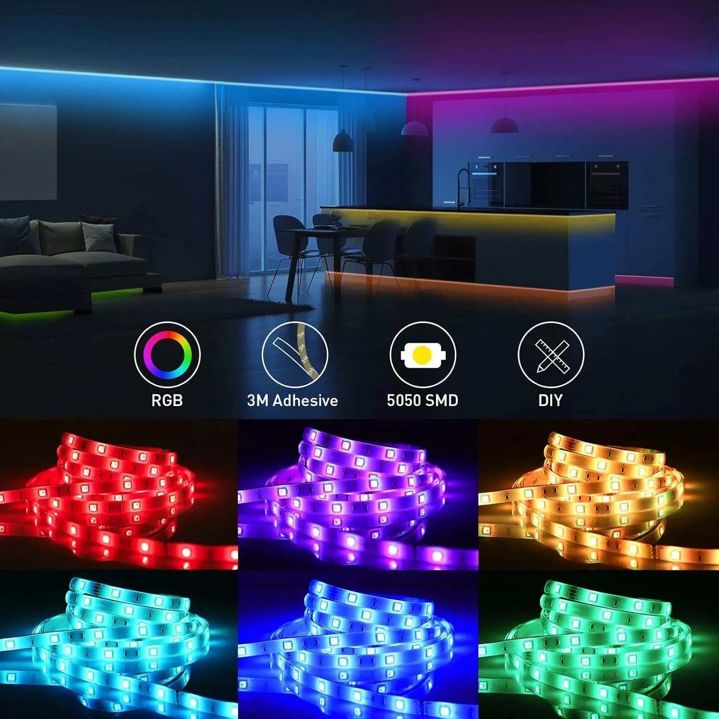 IP65 LED Strip Lights Waterproof, 49.2Ft RGB LED Light Strips Color Changing 5050 LED Tape Lights with 44-Key Remote Controller and 24V Power Supply for Living Room Kitchen Home Decoration