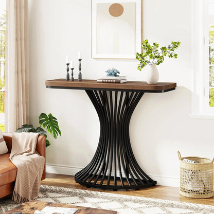 Console Table, Industrial Entryway Table with Geometric Metal Base, 39-Inch Small Sofa Accent Table for Entrance