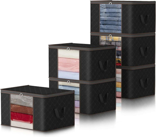 Set of black 90L large storage bags with clear front windows and reinforced handles for clothes and blankets storage