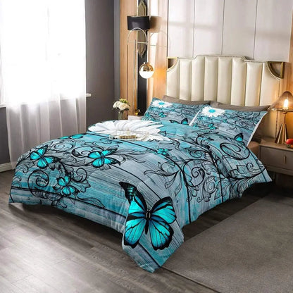 Butterfly Bedding Sets Teens Women Bedroom Rustic Flower Comforter Set,Blue Butterflies White Chic Floral Duvet Set Retro Vintage Romantic Style Quilt Set Queen Size Soft Lightweight