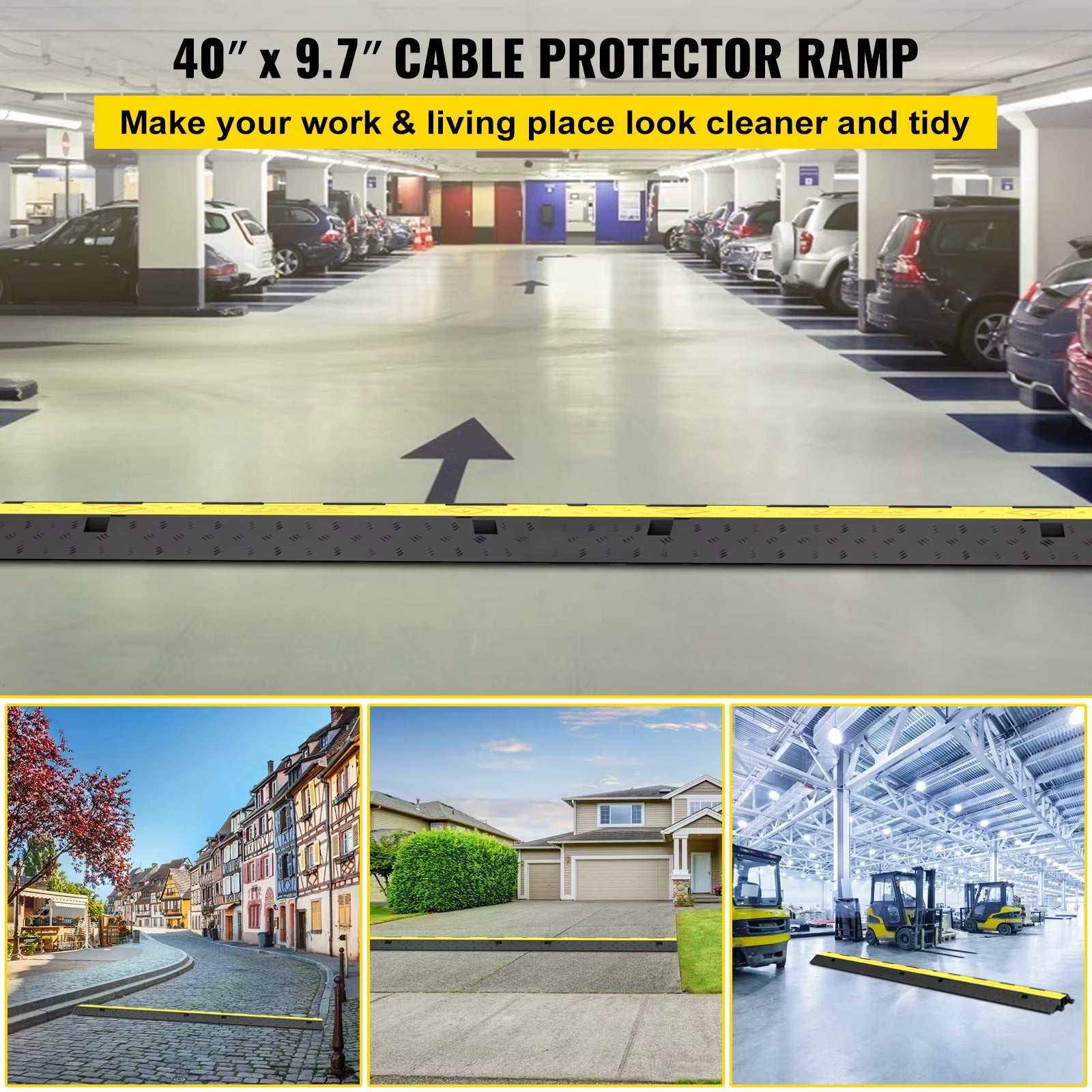 Cable protector ramp 40 x 9.7 inches installed in parking lot for organized cable management and vehicle safety.
