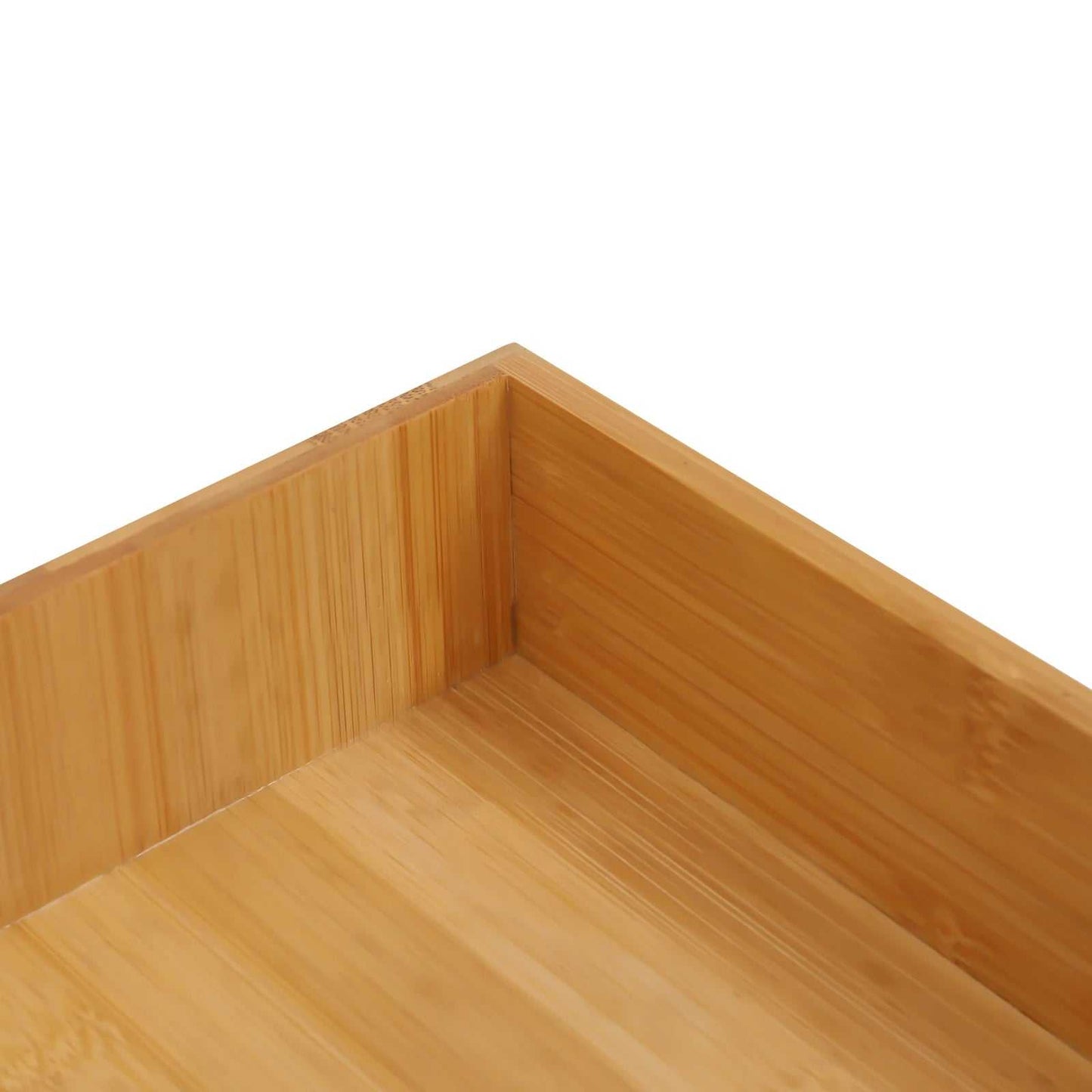 Close-up of natural bamboo floating shelf with storage basket corner showing smooth wooden surface and construction.