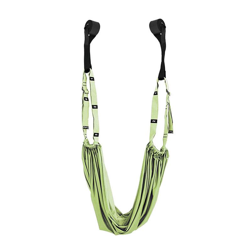 Green fitness hip stretch yoga belt with adjustable straps and foam door hooks for inverted rope pull and lower waist training