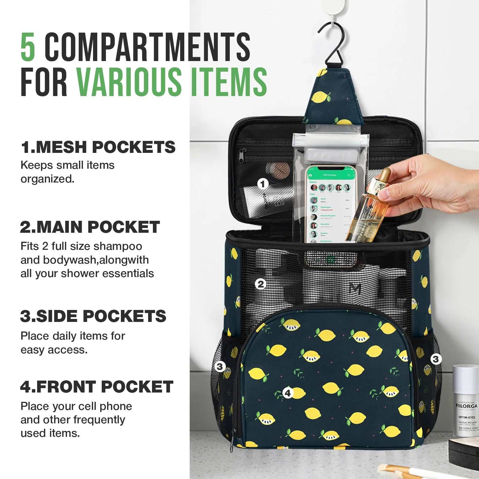 Shower Caddy for College, Hanging Shower Bag Mesh Shower Caddy Portable