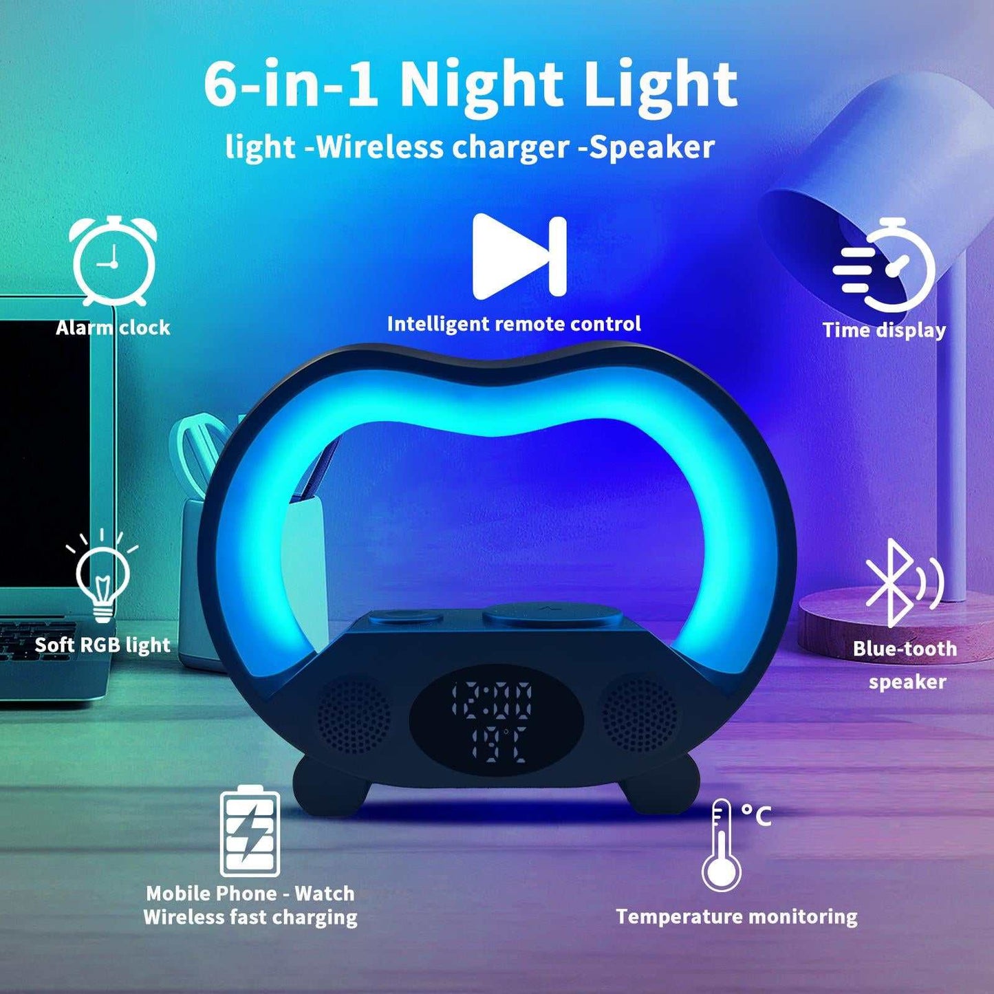 6 in 1 Wireless Charging Night Light Wireless Speaker 15W Wireless Charging Atmosphere Light Home Bedroom Gift