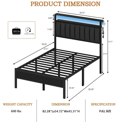 FullQueen size black oak bed frame with upholstered headboard, USB port, and no box spring needed