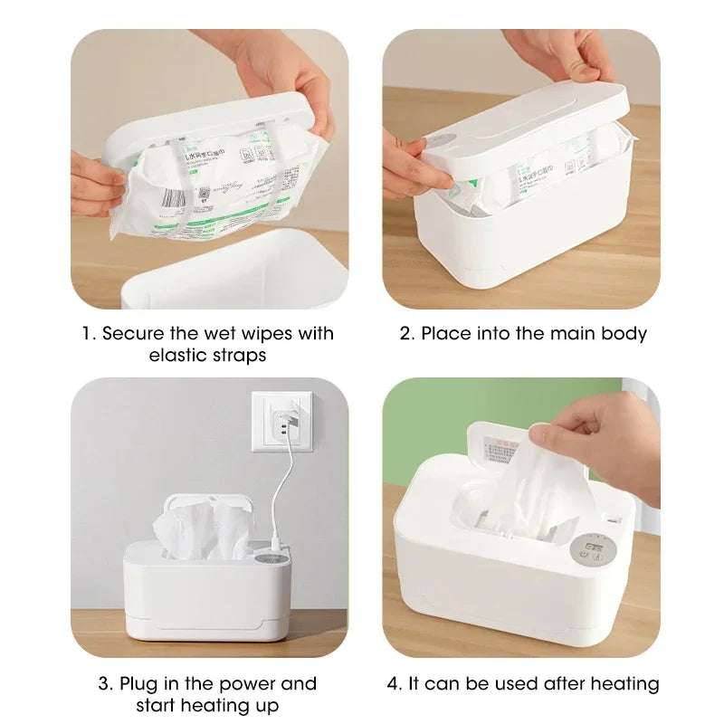 Baby wipe warmer with LED display, portable USB heating box for wet towels, compact and safe for home and car use.