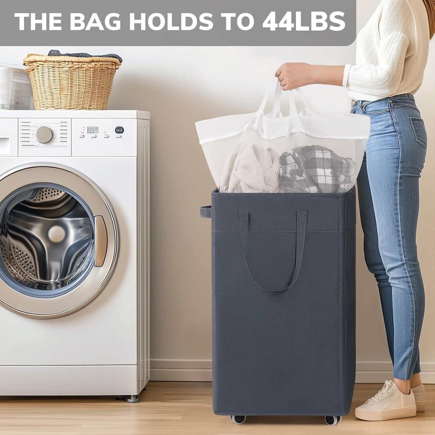 Laundry Basket with Wheels, 75L Laundry Hamper, Dorm Room Essentials with Removable Wash Bag for Laundry Room, Rolling Laundry Basket with Handles, Grey