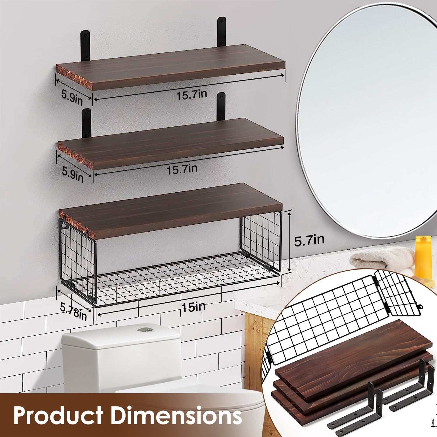 Floating shelves with storage basket wall mounted wood decor set with rustic brown finish and metal wire basket for versatile home storage