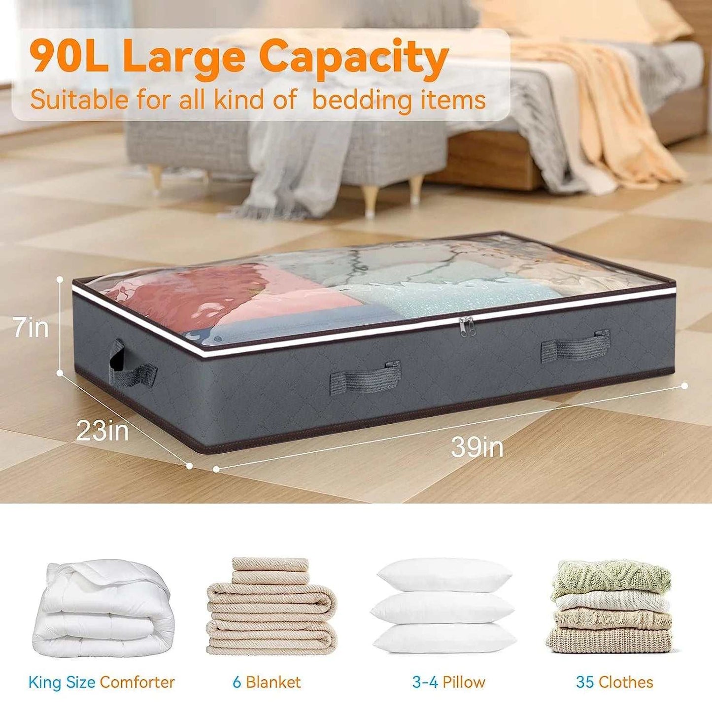 4 Pack 90L under Bed Storage Bags with Reinforced Handles, Visible Underbed Storage, Toy Organizers and Wrapping Paper Storage Bags, Breathable Non-Woven Closet Storage for Blanket, Comforter, Bedding