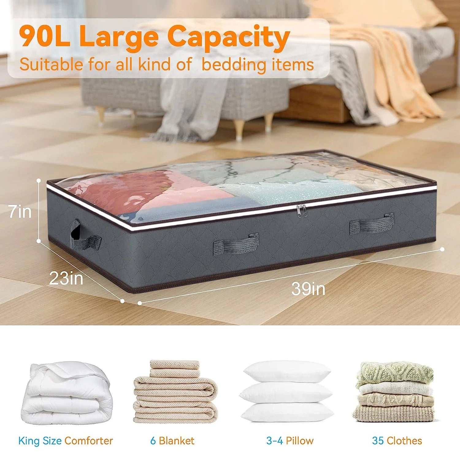 4 Pack 90L under Bed Storage Bags with Reinforced Handles, Visible Underbed Storage, Toy Organizers and Wrapping Paper Storage Bags, Breathable Non-Woven Closet Storage for Blanket, Comforter, Bedding