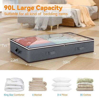 4 Pack 90L under Bed Storage Bags with Reinforced Handles, Visible Underbed Storage, Toy Organizers and Wrapping Paper Storage Bags, Breathable Non-Woven Closet Storage for Blanket, Comforter, Bedding