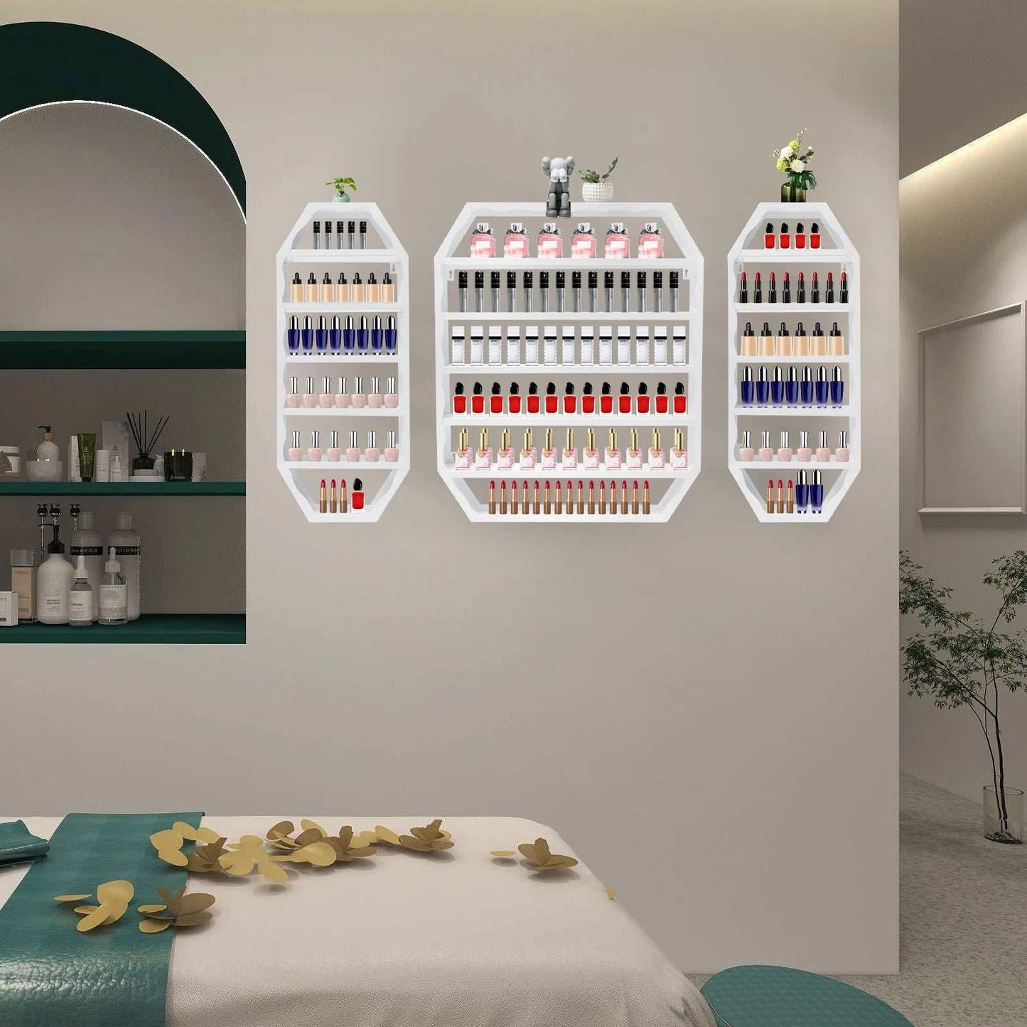 Wall-mounted multi-tiers nail polish storage racks in white with octagonal shape, holding various nail polish bottles, ideal for salons and home decor.