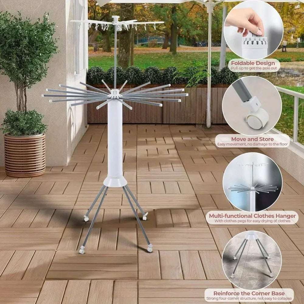 Four-legged octopus-shaped foldable clothes drying rack with wheels and 16 rods for indoor and outdoor use