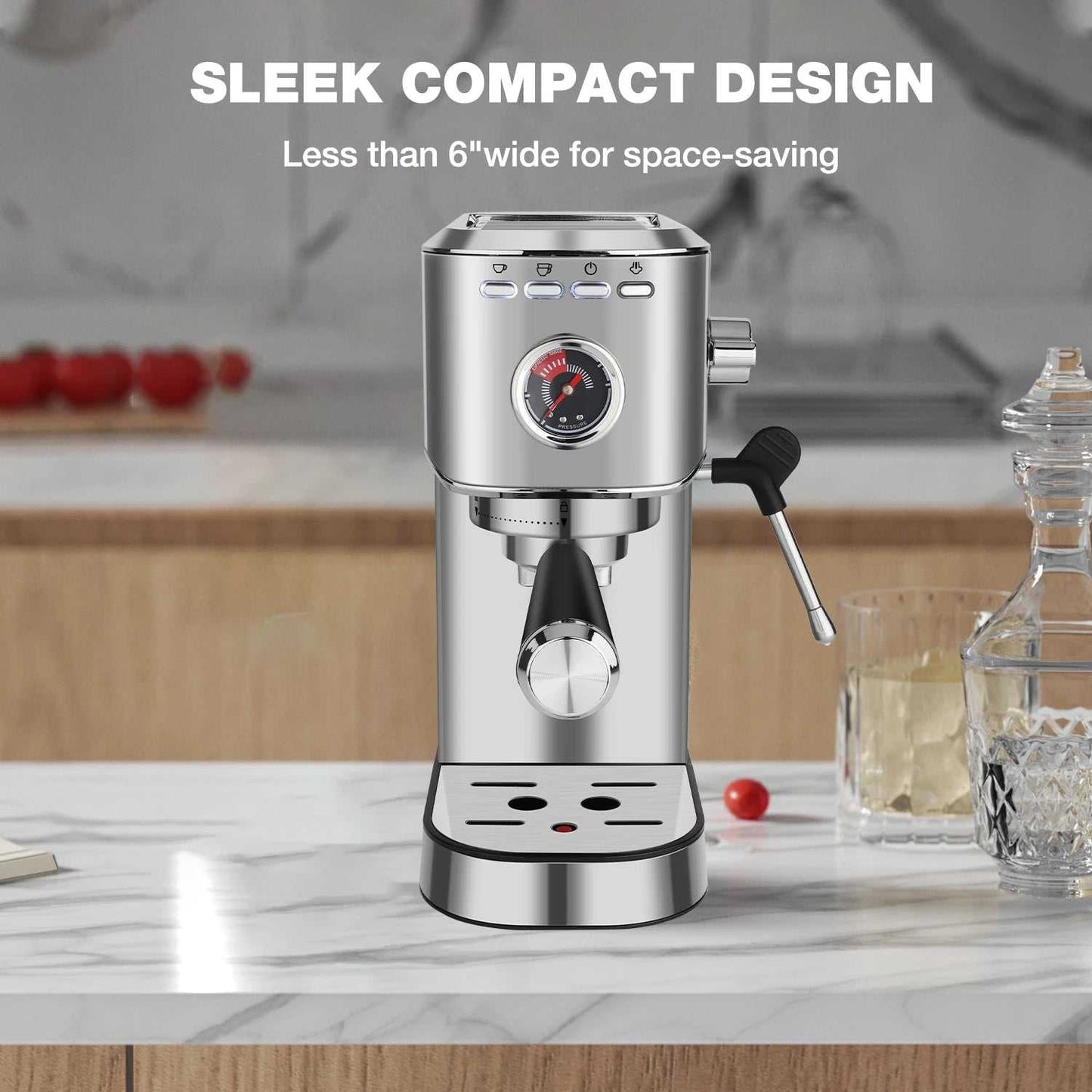 DOYOMI 20 Bar Espresso Machine with sleek compact stainless steel design and built-in milk frother on kitchen countertop