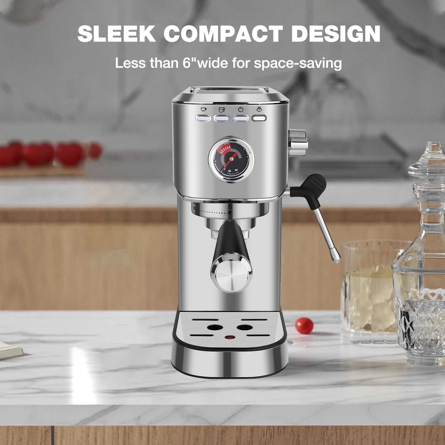 DOYOMI 20 Bar Espresso Machine with sleek compact stainless steel design and built-in milk frother on kitchen countertop