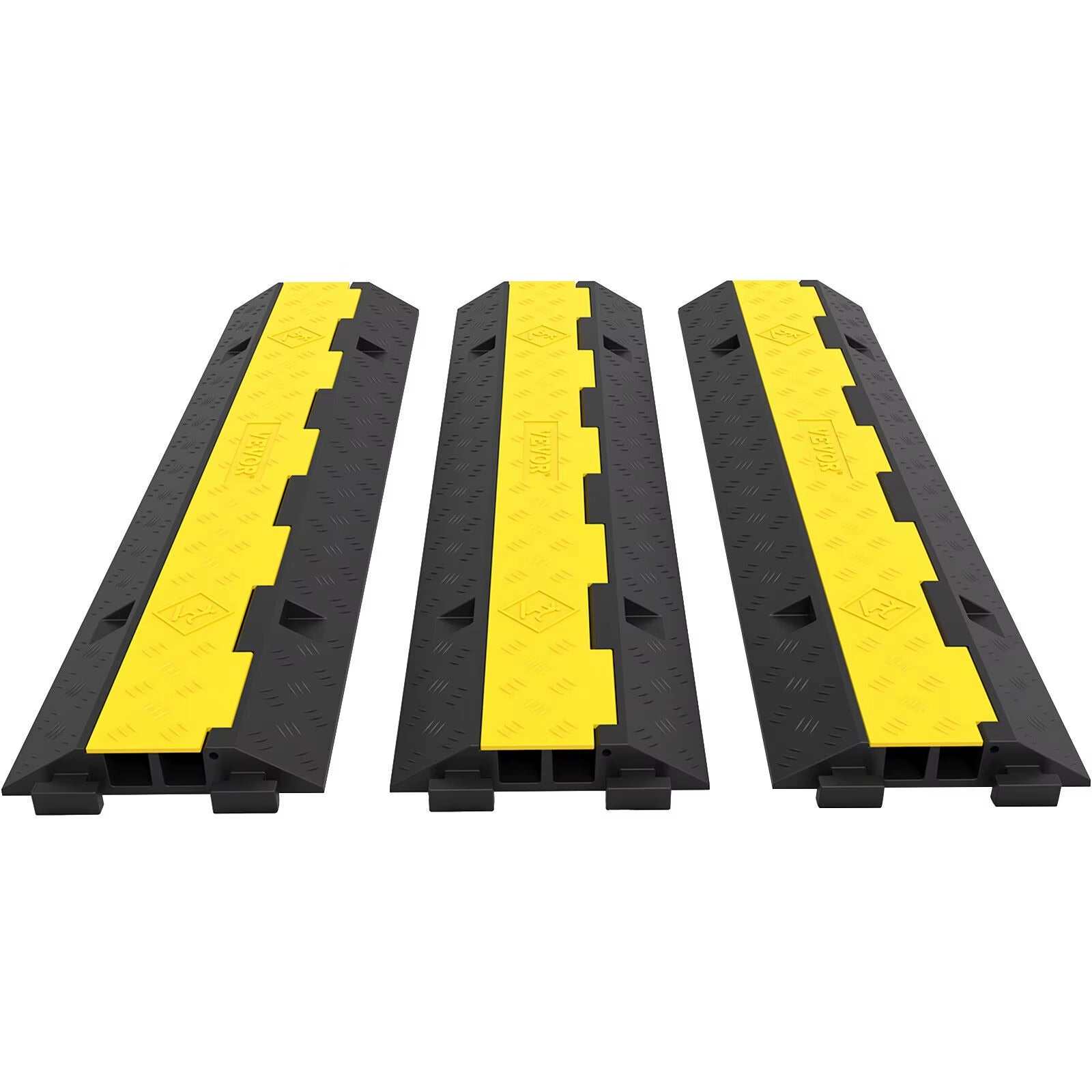 Set of three black and yellow dual-channel cable protector ramps made of rubber and PVC for heavy-duty wire and cord protection with 11,000 lbs load capacity.