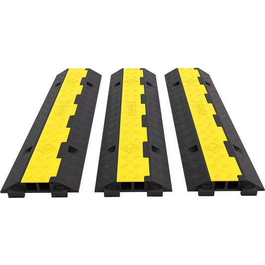 Set of three black and yellow dual-channel cable protector ramps made of rubber and PVC for heavy-duty wire and cord protection with 11,000 lbs load capacity.