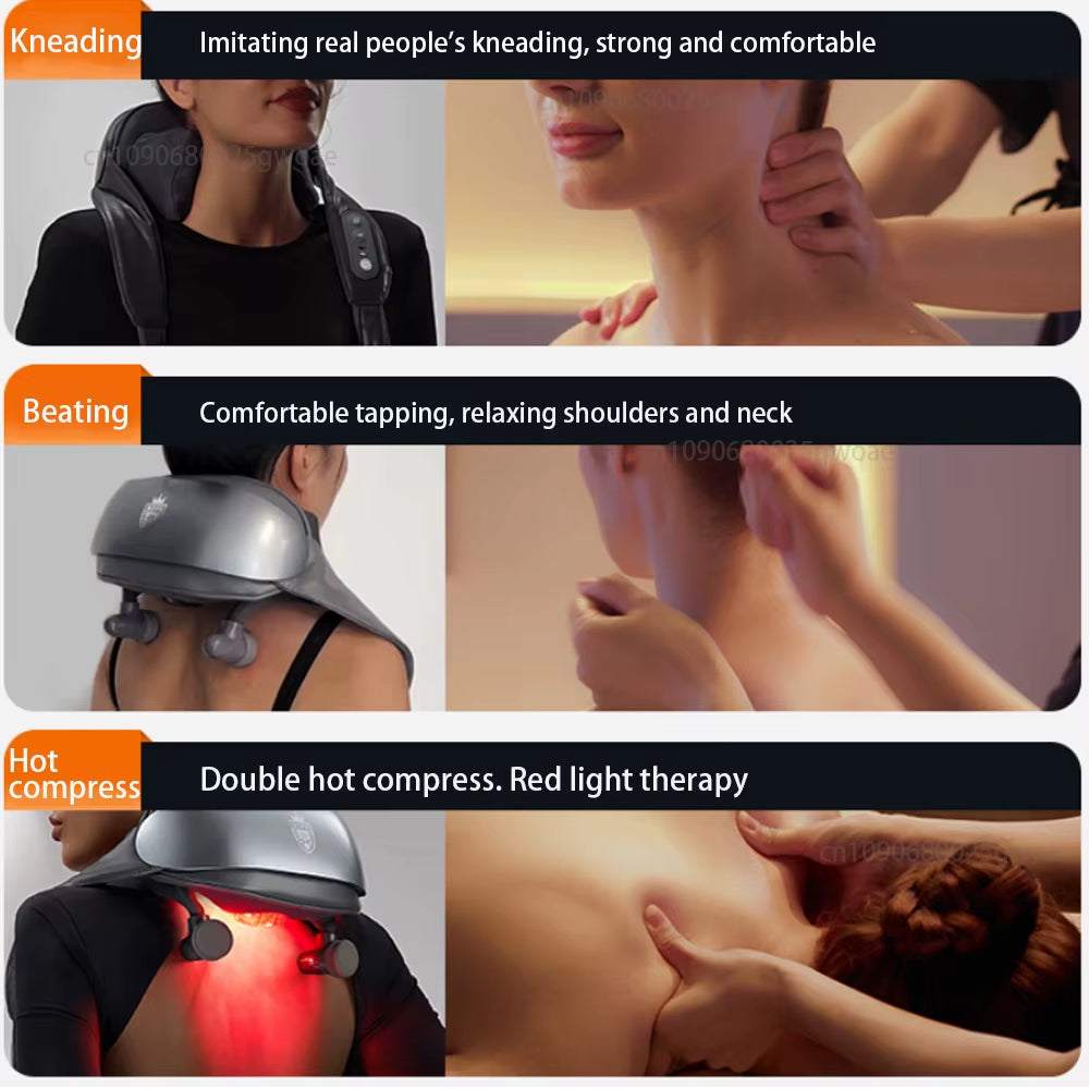 Neck shoulder massager with deep tissue kneading, beating, and heat therapy for pain relief and muscle relaxation