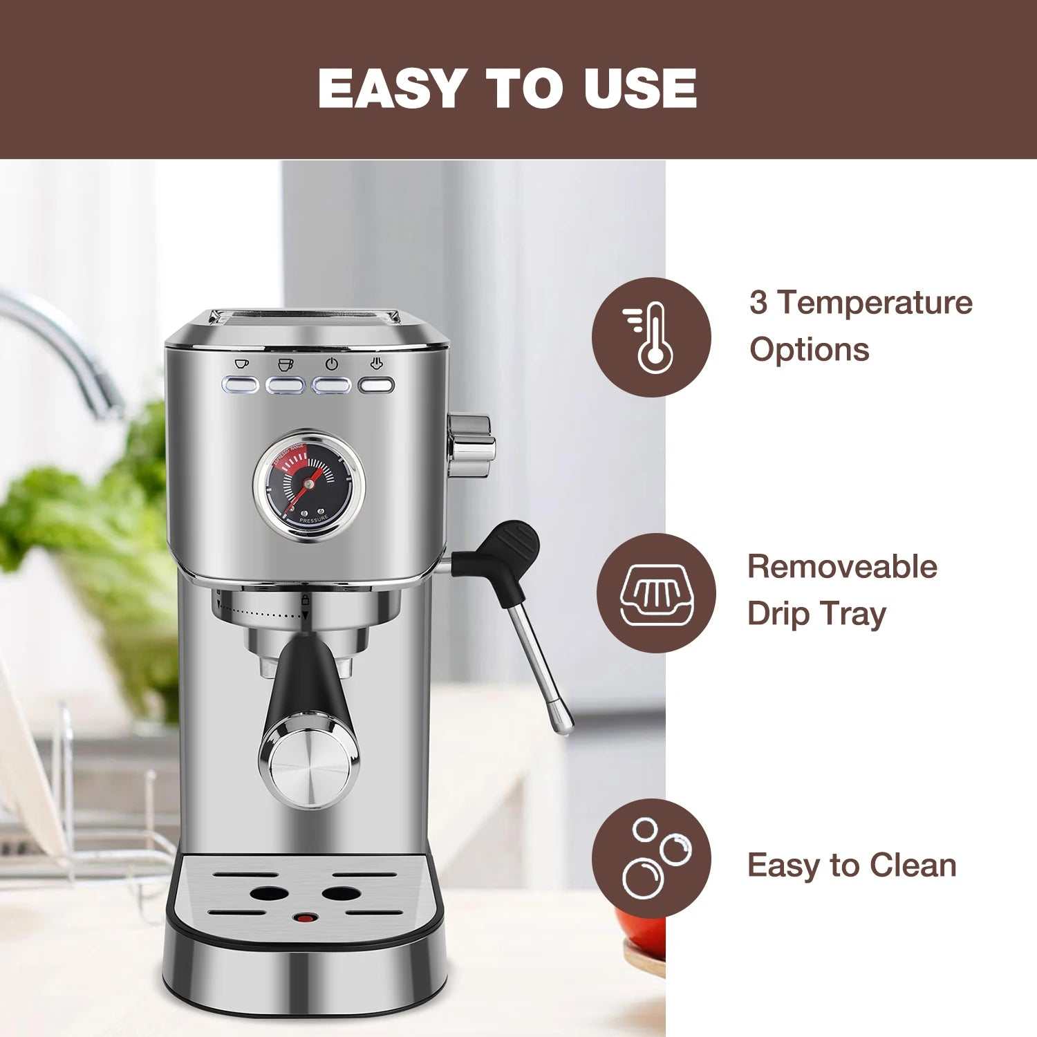 DOYOMI 20 Bar Espresso Machine in stainless steel with milk frother, temperature controls, and removable drip tray