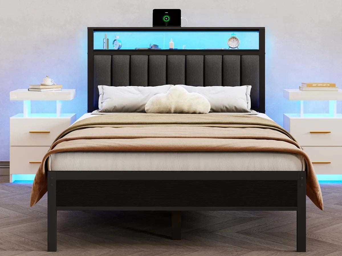 FullQueen size bed frame in black oak with upholstered backrest, built-in LED lighting, USB charging port, and no box spring needed.