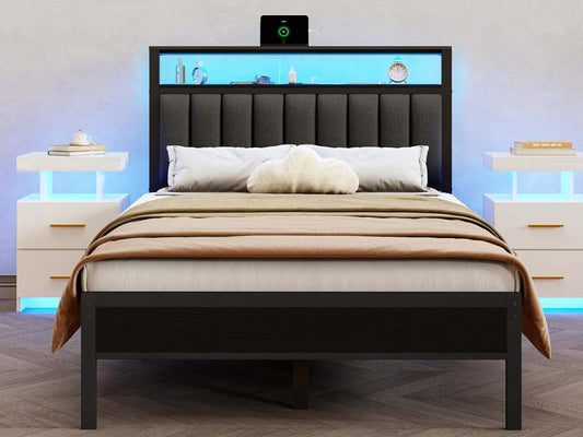 FullQueen size bed frame in black oak with upholstered backrest, built-in LED lighting, USB charging port, and no box spring needed.